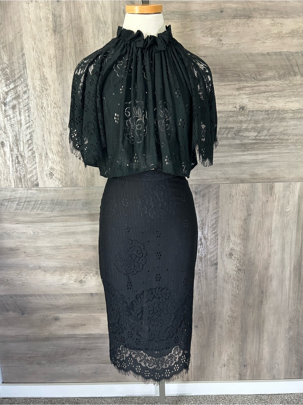 Love Black Lace Pencil Skirt Set with Cropped Cape like matching top